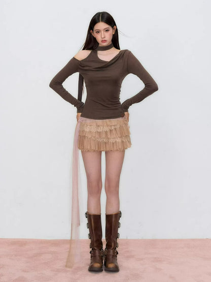 Asymmetrical Ribbon Off-Shoulder Knit Tee