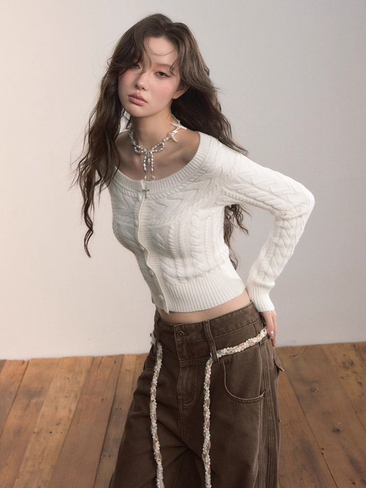 Off-Shoulder Cable Knit Sweater