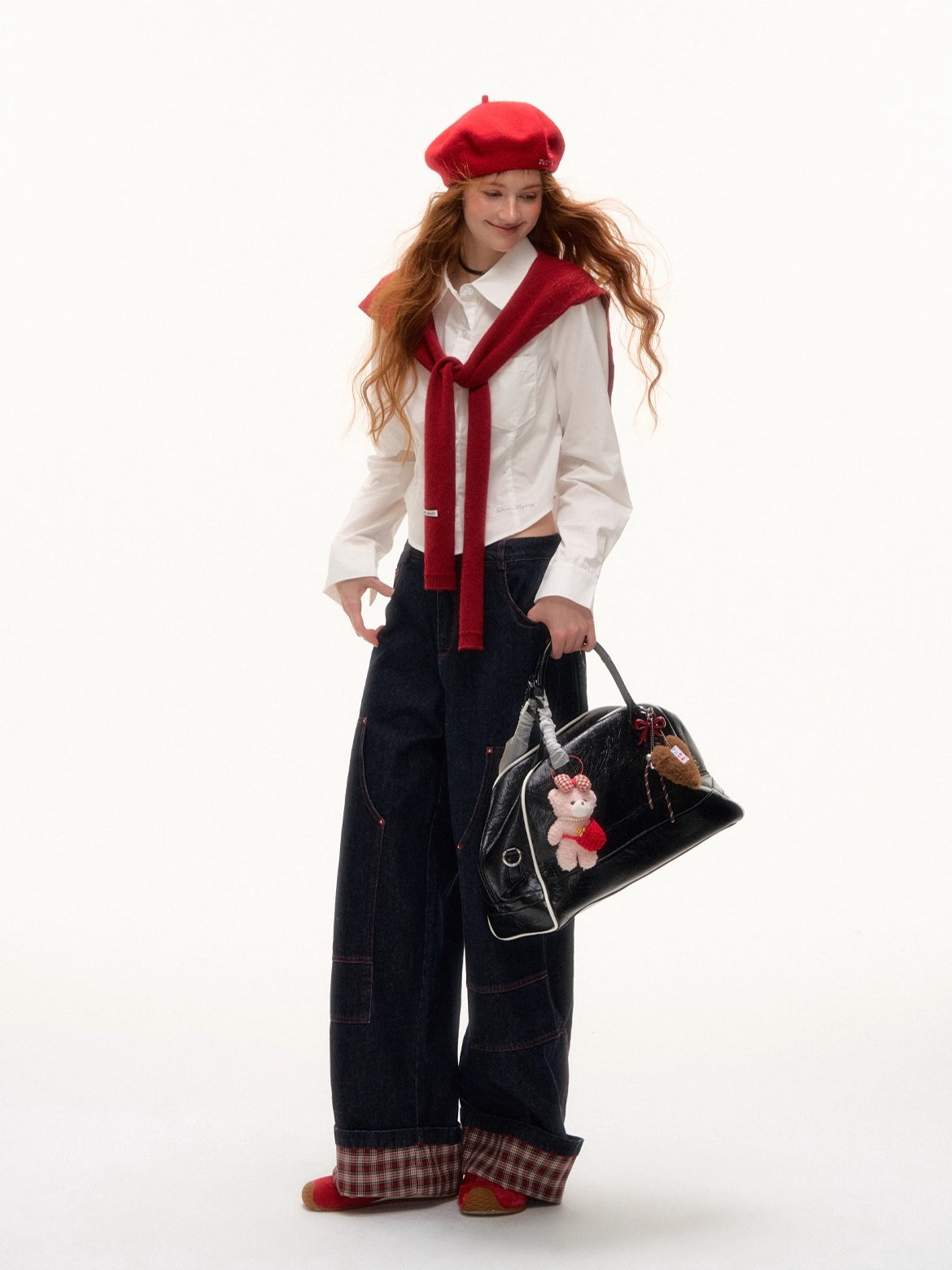 Yellow &amp; Red Plaid Hem Denim Pants