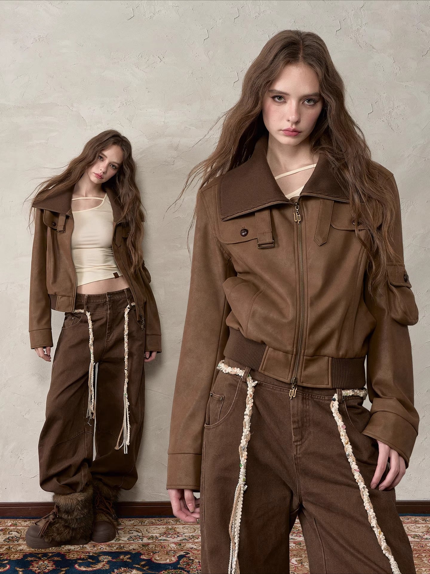 Retro PU Contrast Collar Jacket