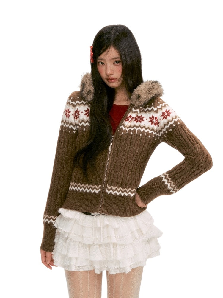 Brown Fair Isle Hooded Cardigan