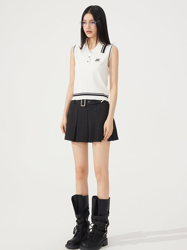 Contrast-Color Knitted Polo Collar Sleeveless Tank Top