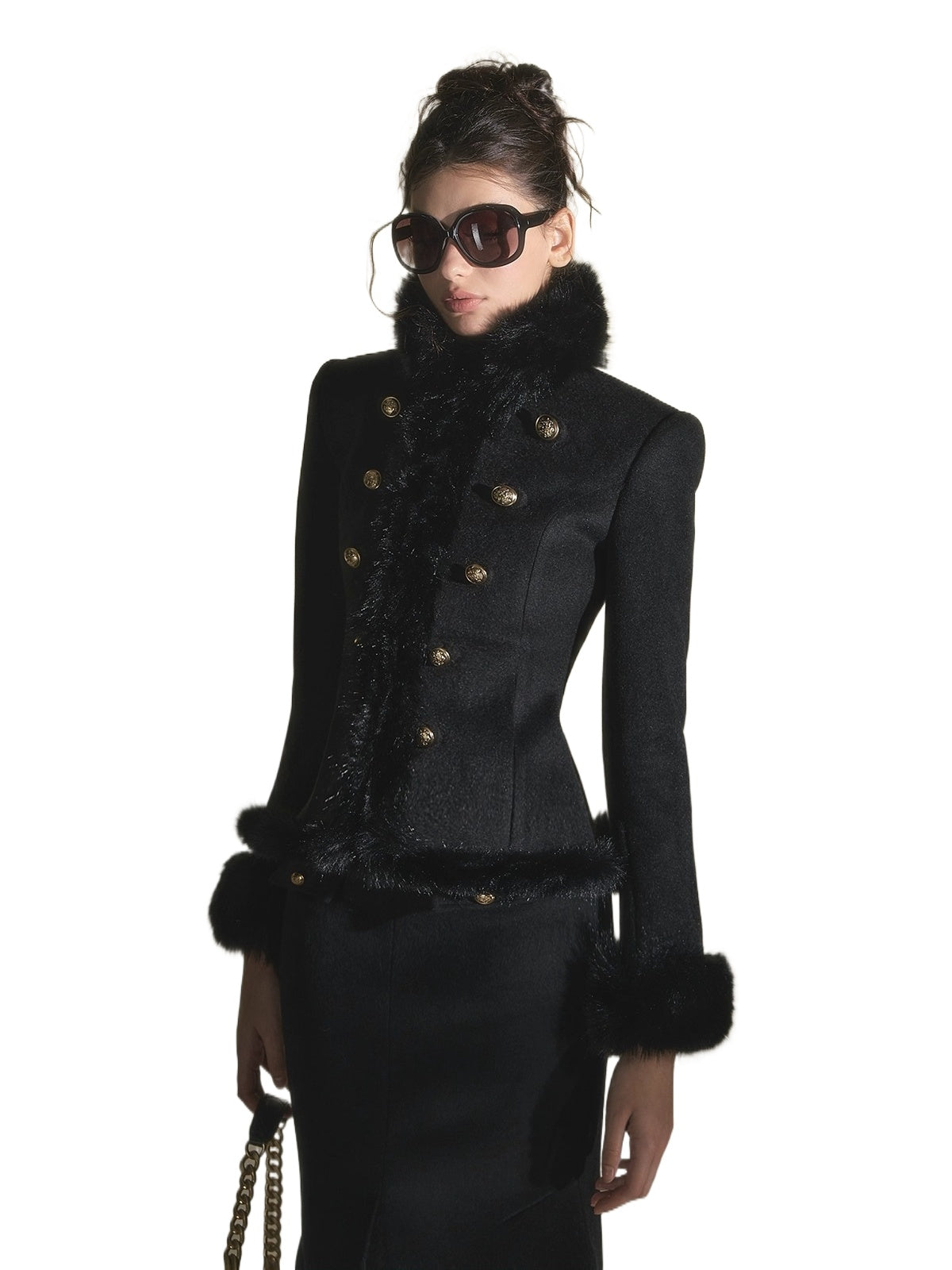Faux Fur Double-Breasted Waist-Coated Jacket &amp; Skirt Set