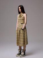 Plaid Halter Neck Backless Tank Top & Midi Skirt Set