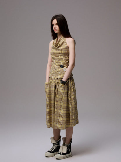 Plaid Halter Neck Backless Tank Top &amp; Midi Skirt Set