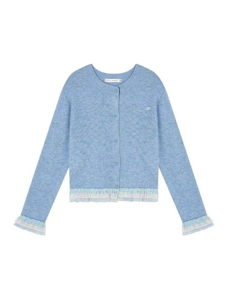 Plaid Lace Trim Knit Cardigan