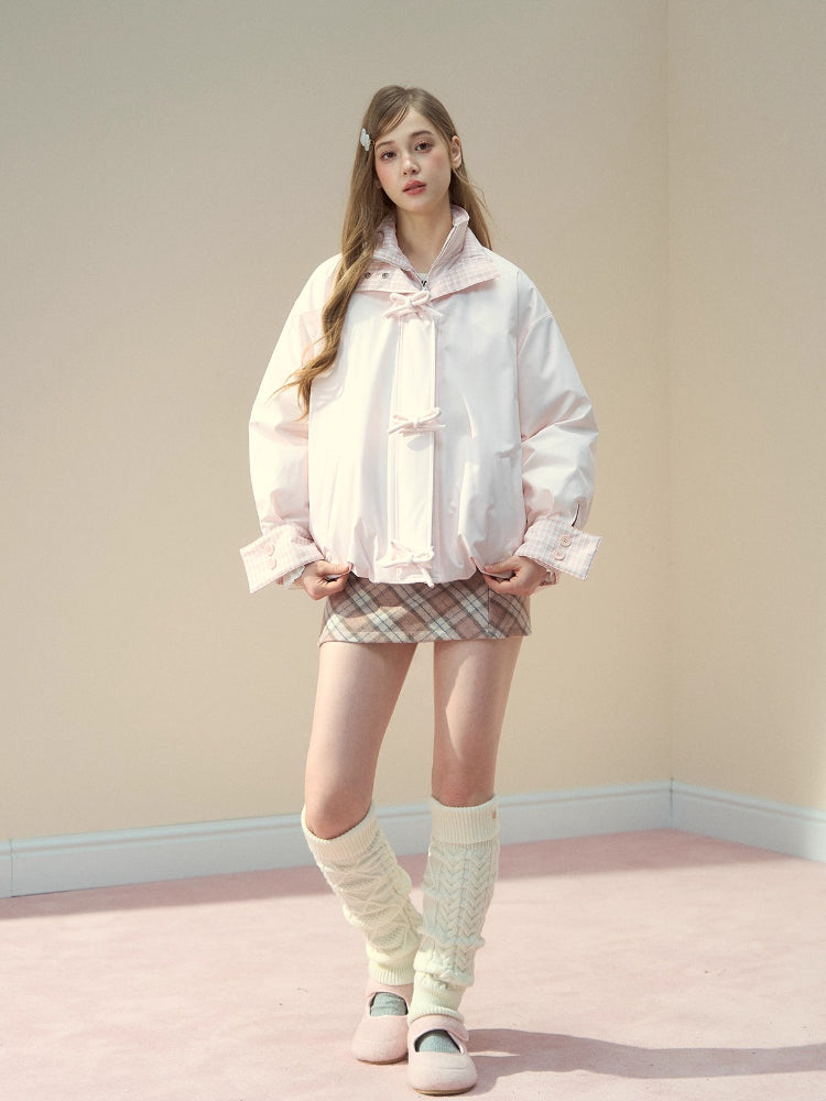 Pink Bow Plaid Down Puffer Jacket