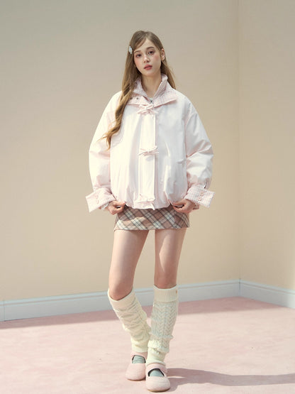 Pink Bow Plaid Down Puffer Jacket