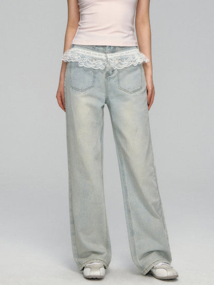 Lace-Trimmed Washed Straight-Leg Jeans Set