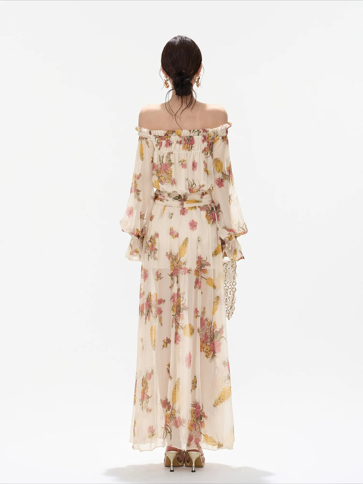 Floral Print Off Shoulder Chiffon Dress