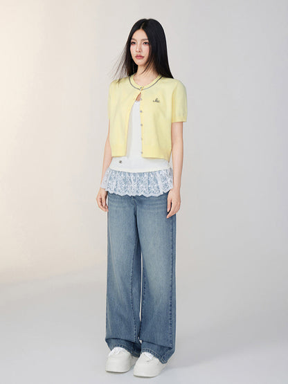 Rhinestone Button Knitted Short-Sleeve Cardigan