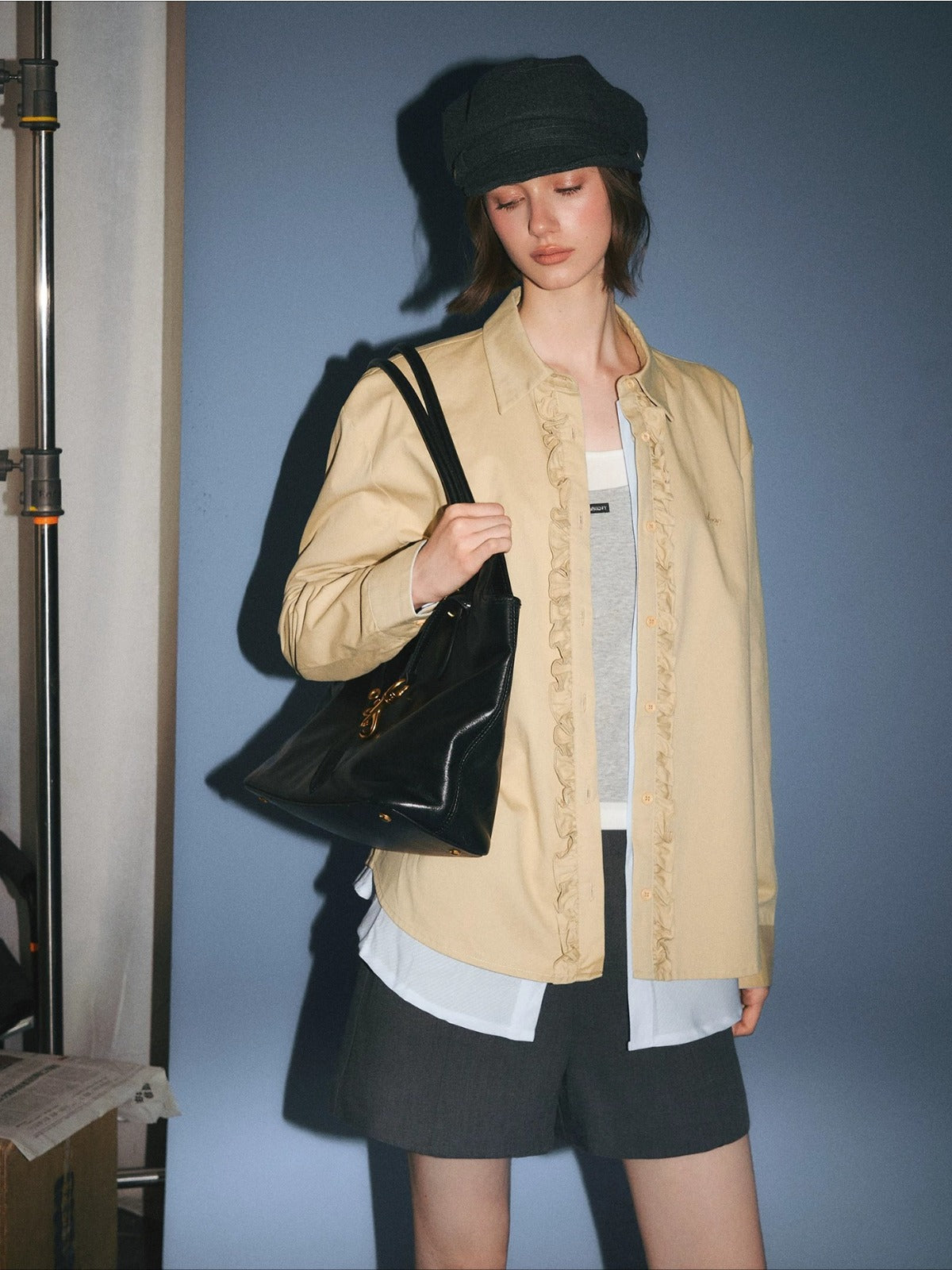Contrast Layered Ruffle Cotton Shirt