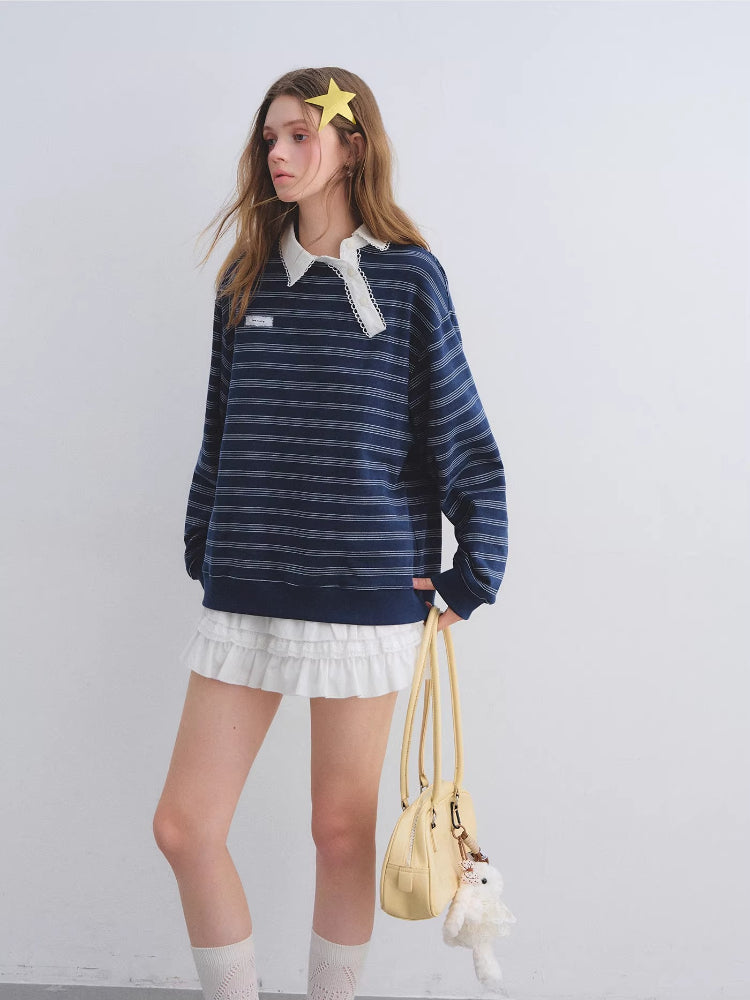 Lace Collar Stripe Sweatshirt