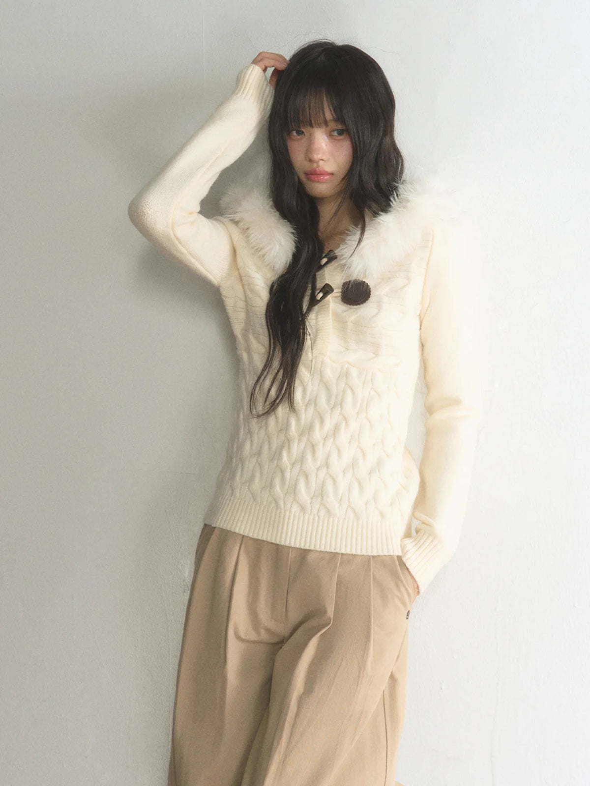 Fur-Trimmed Hooded Toggle Cable-Knit Sweater