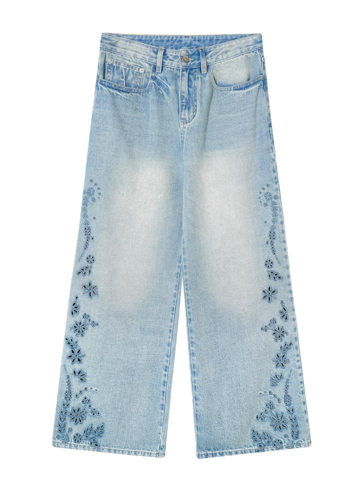 Embroidered Wide-Leg Jeans