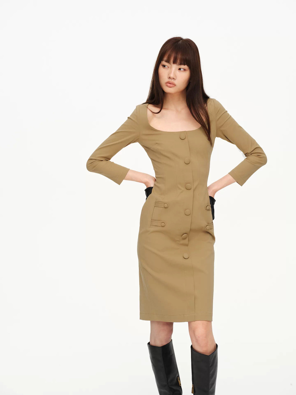 Square Neck Button Detail Dress