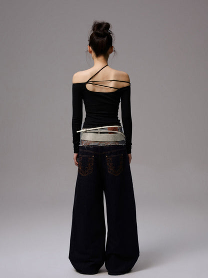 Double Waistband Raw Denim Wide-Leg Jeans