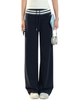 Navy Striped Drawstring Wide Leg Pants