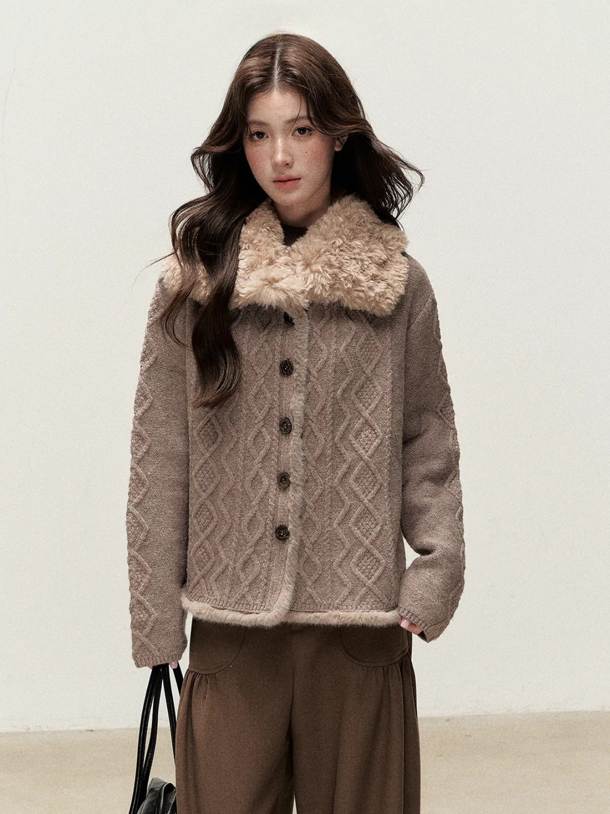Faux Fur Collar Cable Knit Cardigan