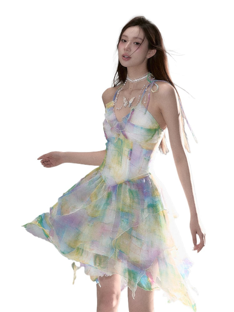 Ombre Colored Mesh Cinched Waist Suspender Maxi Dress