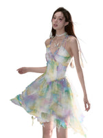 Ombre Colored Mesh Cinched Waist Suspender Maxi Dress
