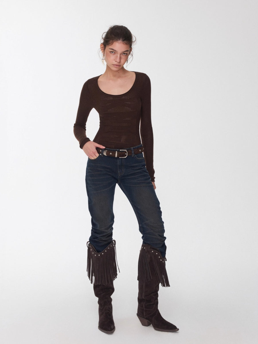 Crewneck Textured Open-Knit Wool Sweater