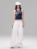 White Beaded Fold Waist Pants