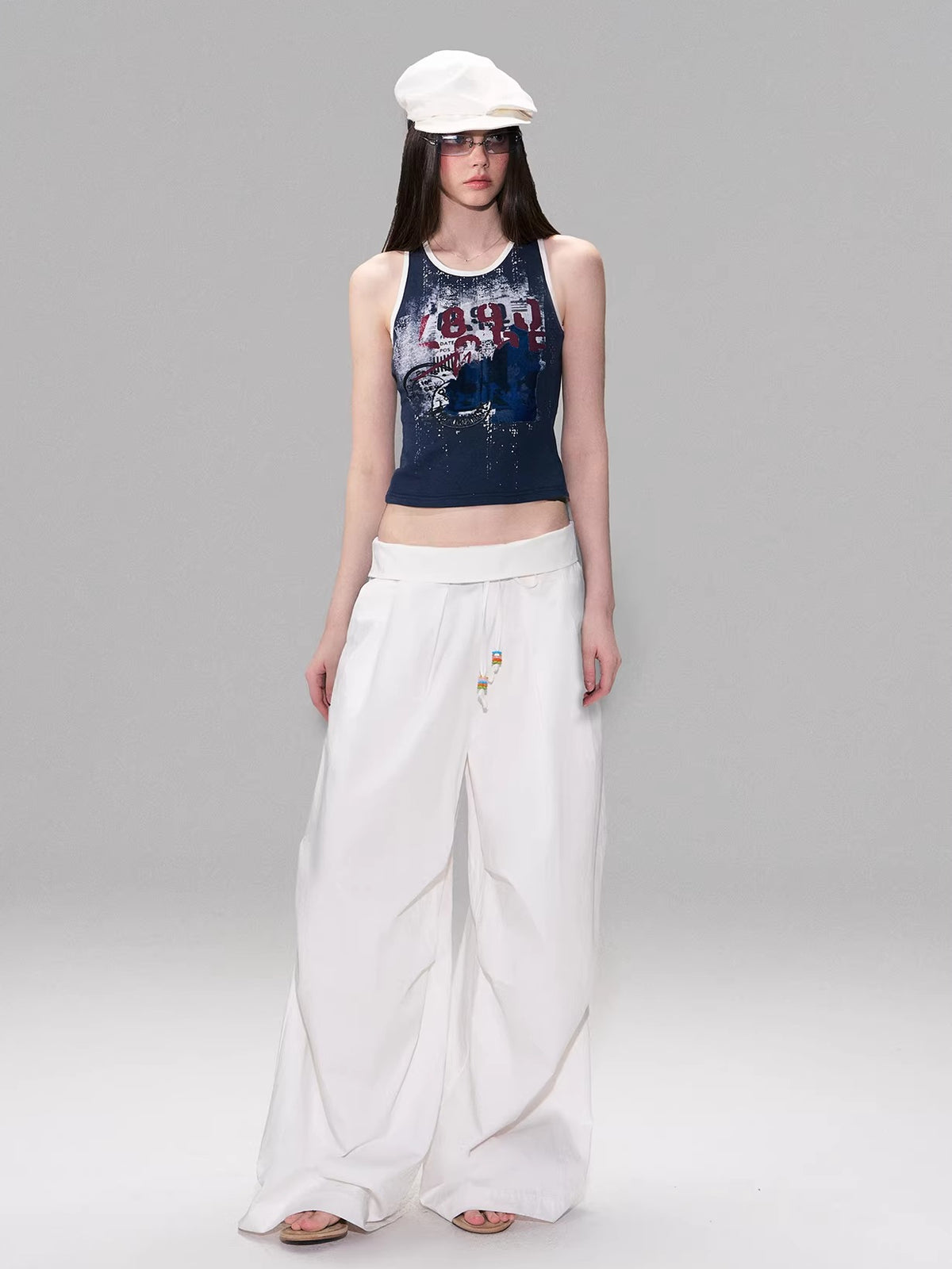White Beaded Fold Waist Pants