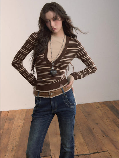 Color-Blocked Stripe Crew Neck Long Sleeve Knit Top
