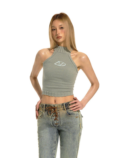 High Neck Sleeveless Backless Fitted Knitted Vest
