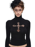 Cross Lace Rhinestone Turtleneck Top