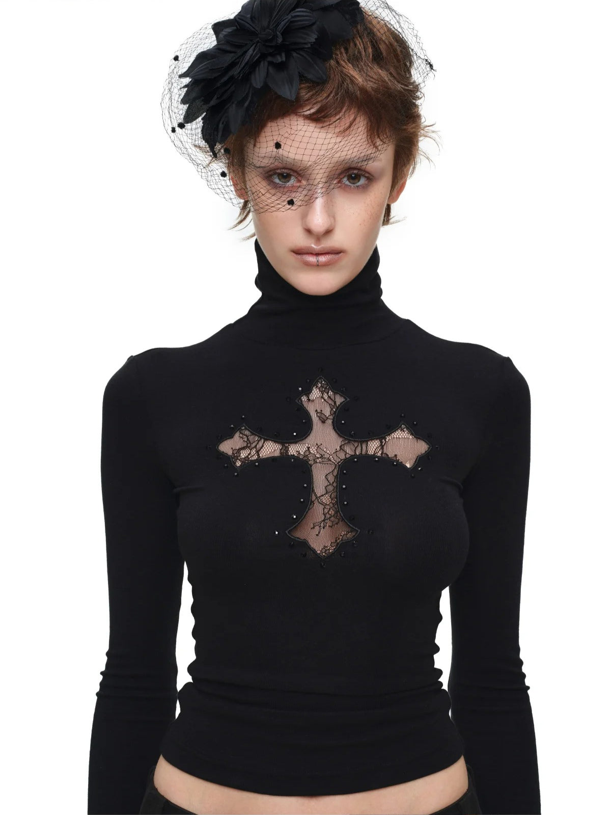 Cross Lace Rhinestone Turtleneck Top