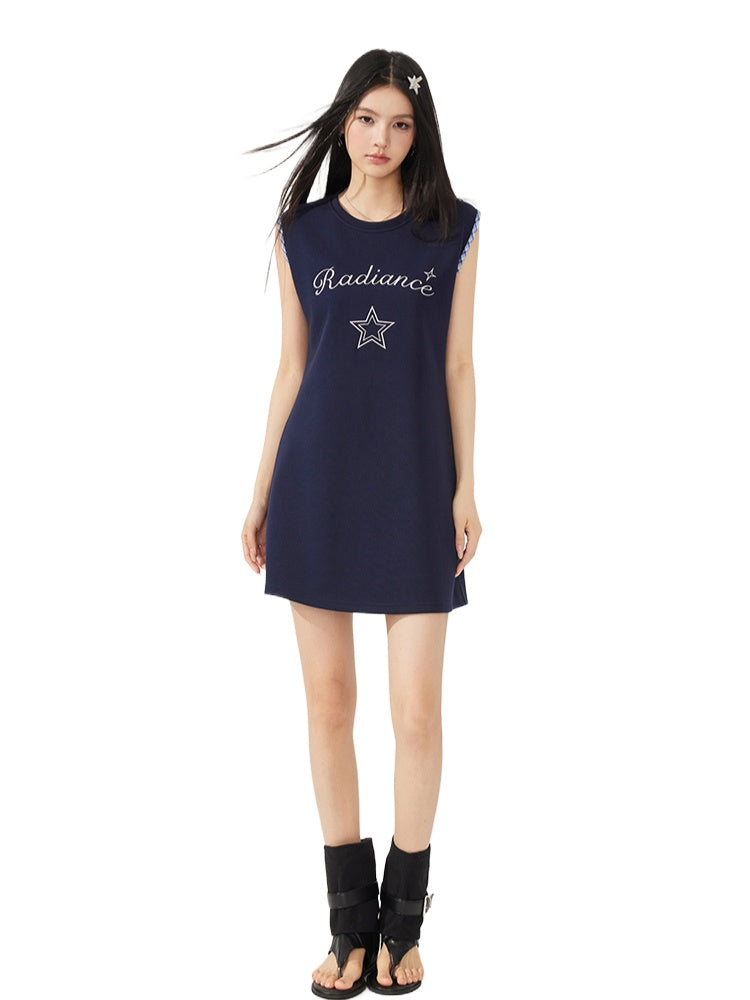 Plaid-Spliced Sleeveless Dress
