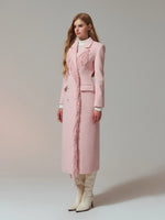 Wool-Blend Hourglass Fringe-Scarf Double-Breasted Long Coat