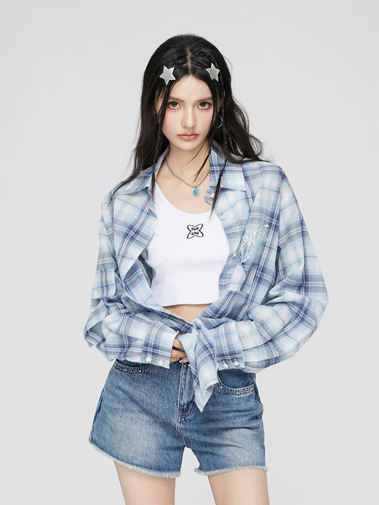 Blue Plaid Embroidered Sunscreen Shirt