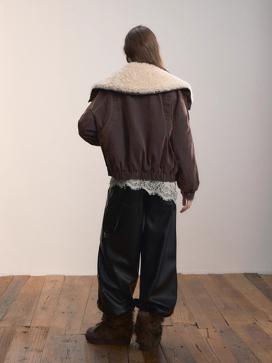 Velvet Denim Oversized Fur Collar Down Jacket