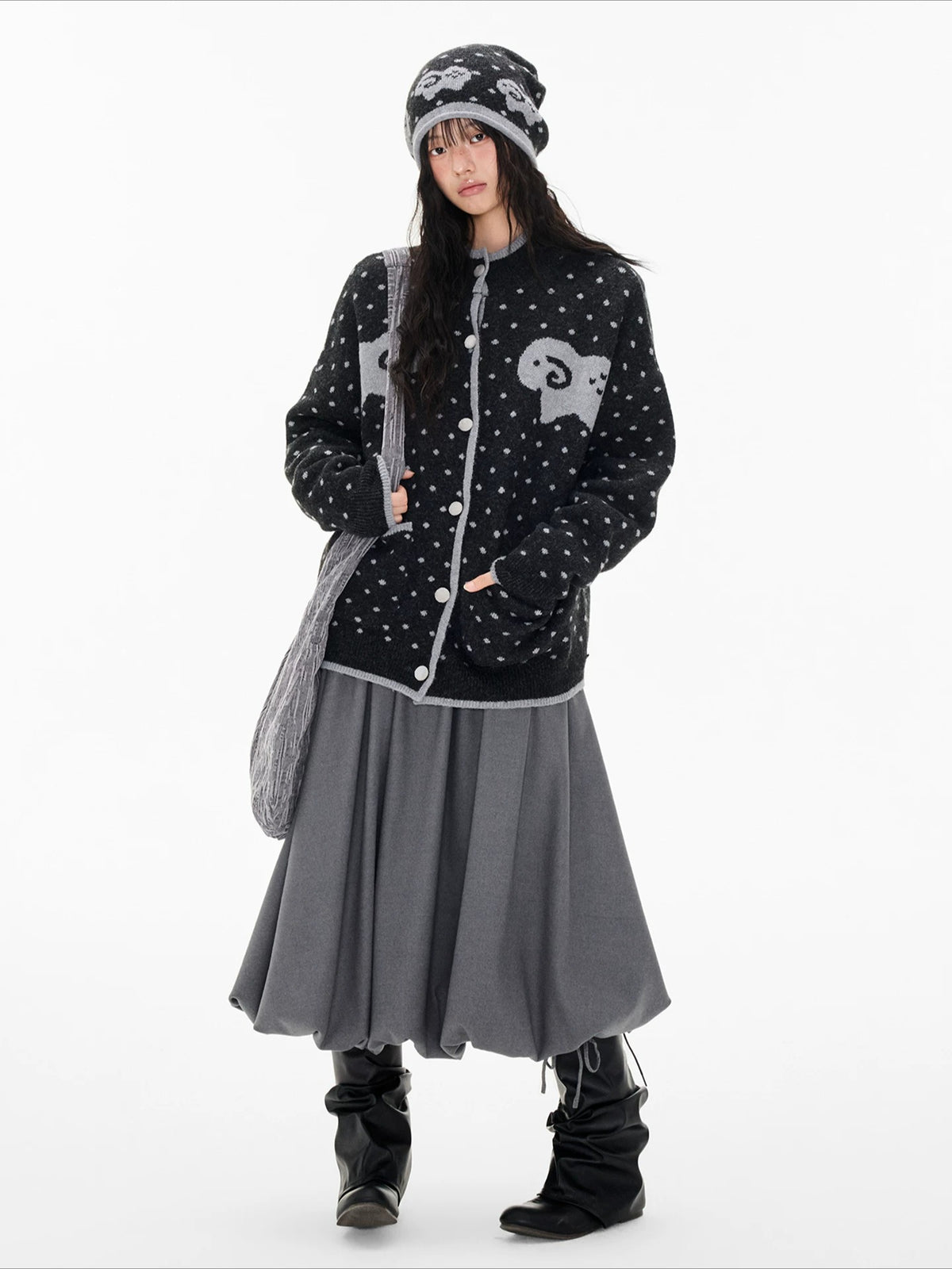 Contrast Sheep Jacquard Knit Cardigan