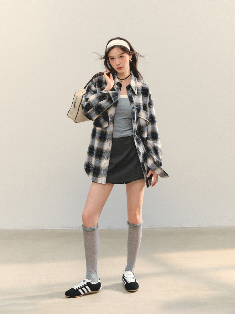 Pearl-Trimmed Polo-Neck Checkered Shirt