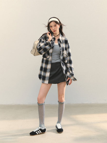 Pearl-Trimmed Polo-Neck Checkered Shirt