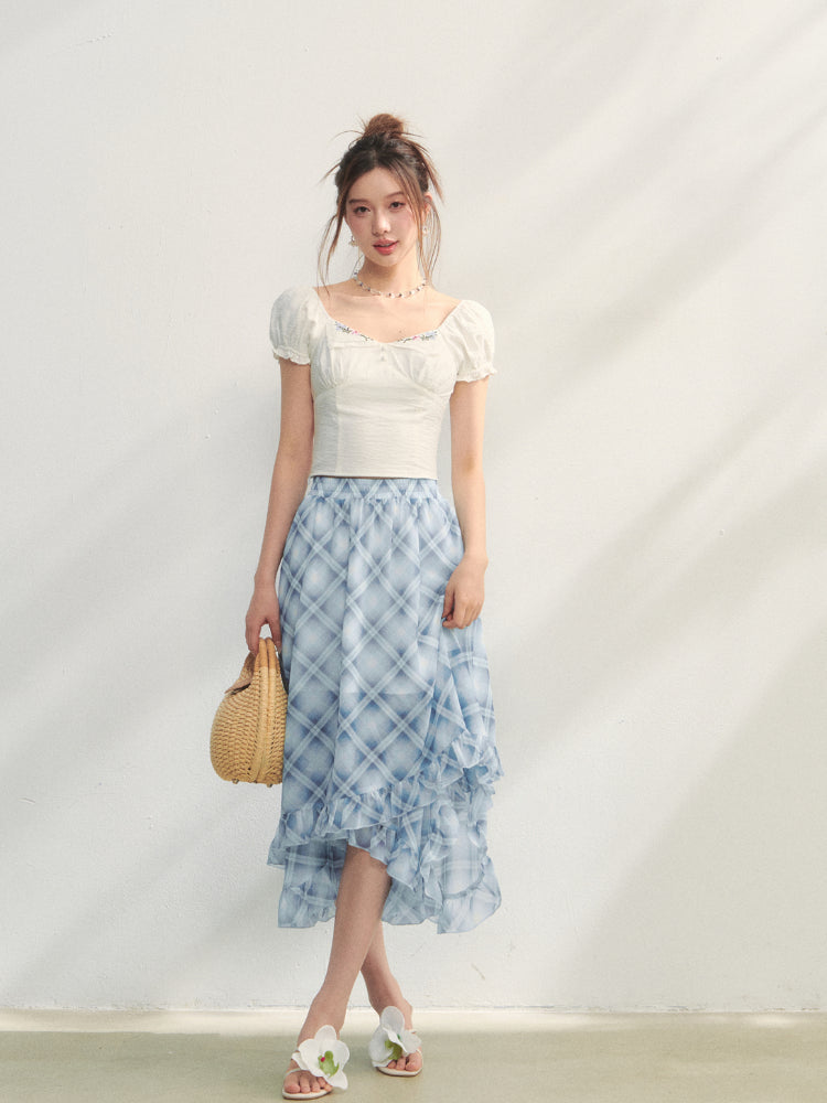 White Square Neck Embroidered Puff Sleeve Shirt