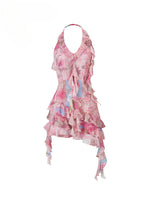 Irregular Neck Floral Waist-Defined Dress