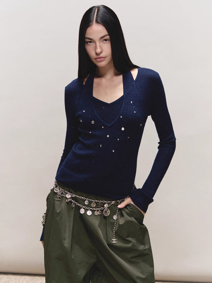 Wool Halter Sequin Long-Sleeve Top