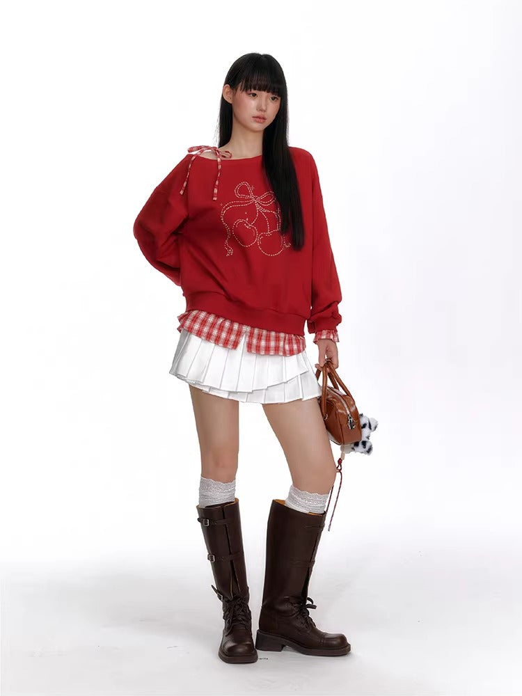 Cherry Bow Off-Shoulder Sweatshirt