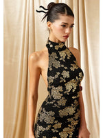 Black Gold Halter Qipao Evening Dress