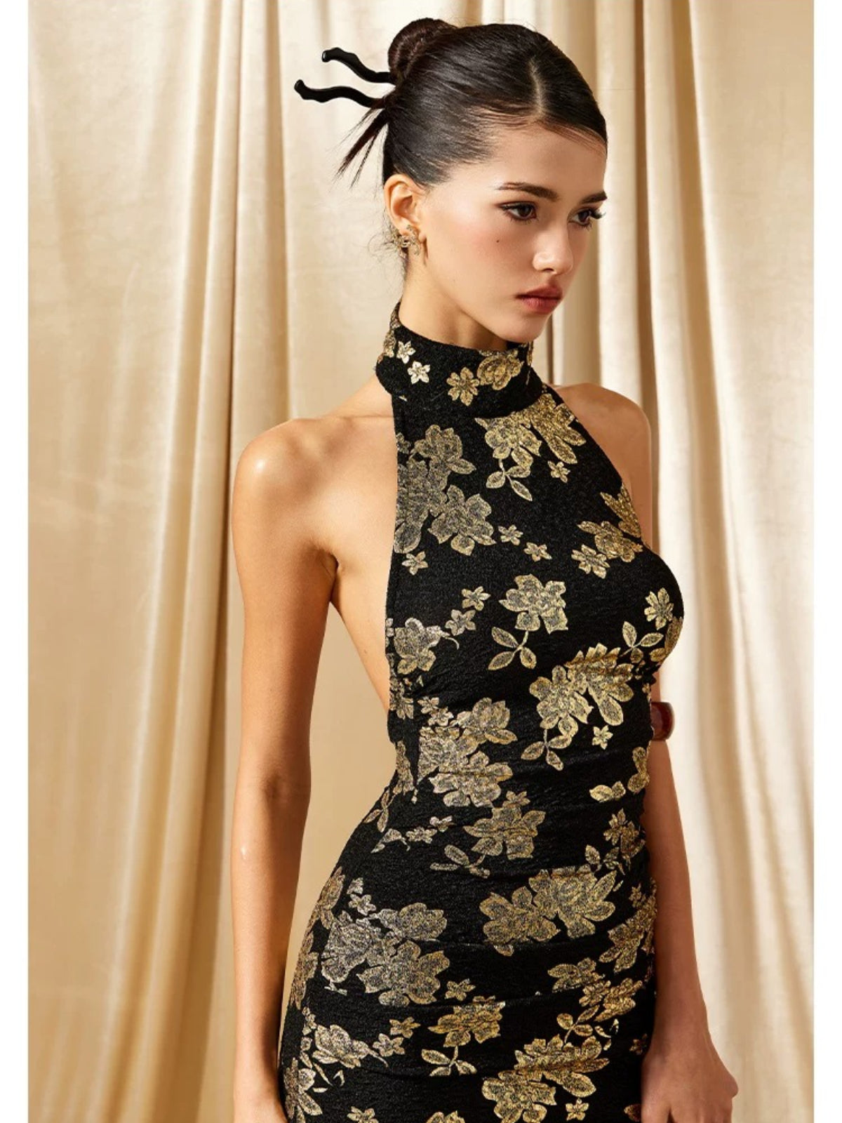 Black Gold Halter Qipao Evening Dress