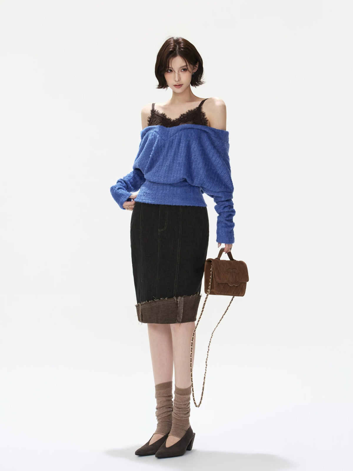 Lace Camisole Layered Fuzzy Knit Sweater