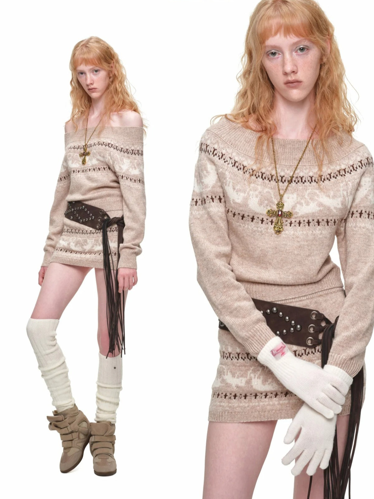 Fair Isle Cat Off-Shoulder Sweater