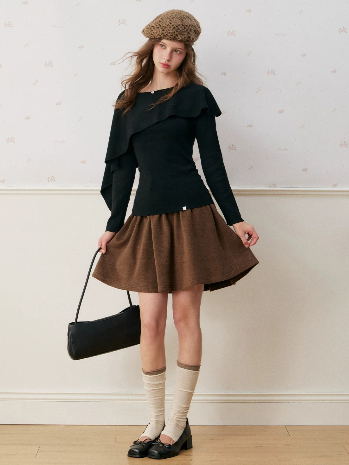 Wool Blend Cape Shoulder Knit Top