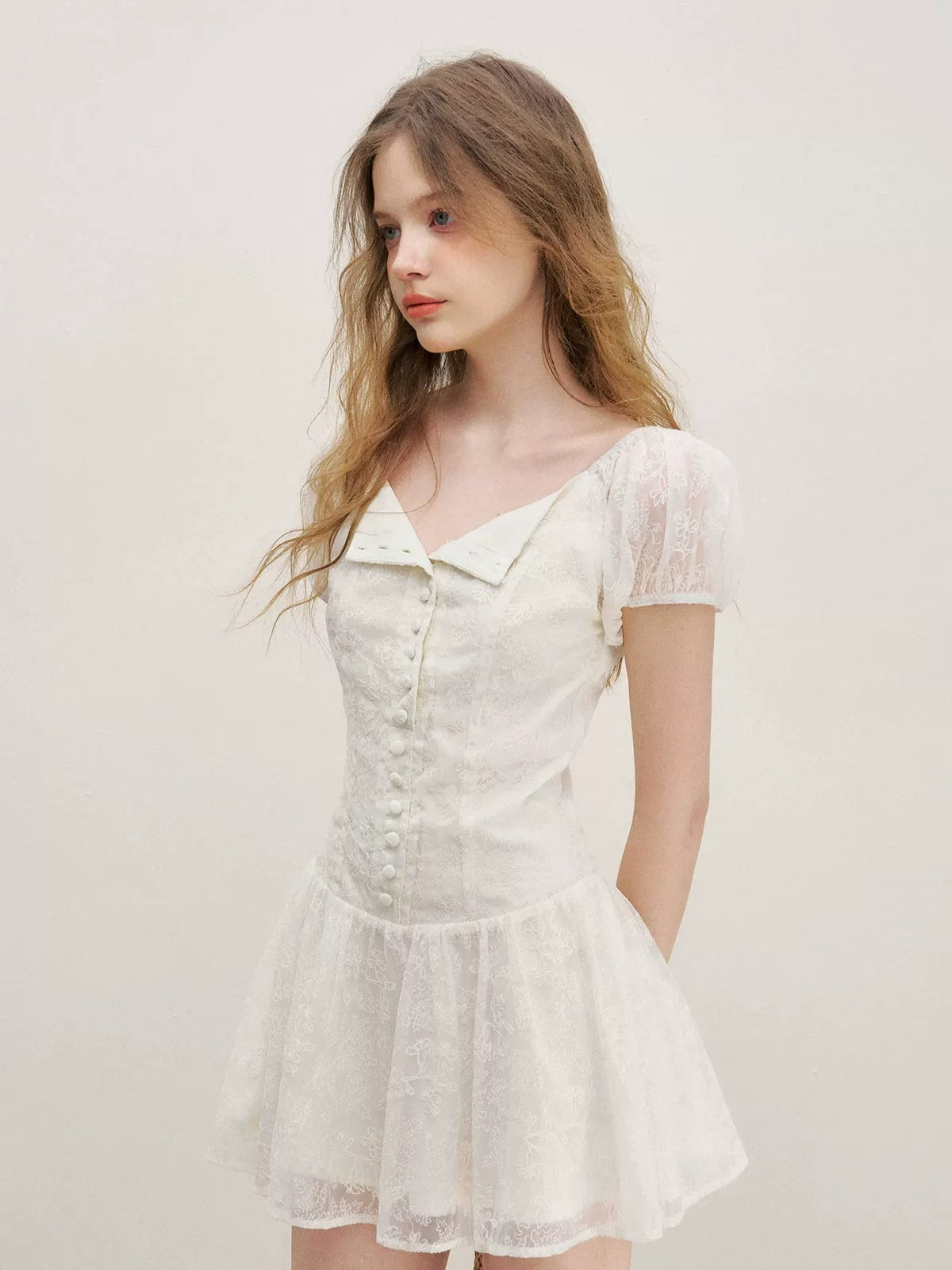 Apricot Floral Embroidered Puff Sleeve Dress