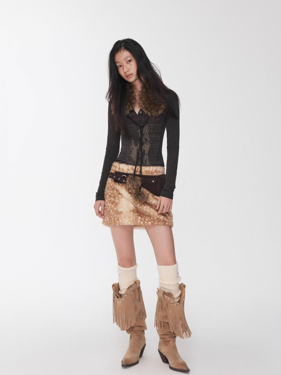 Vintage Deer Print Faux Fur Skirt